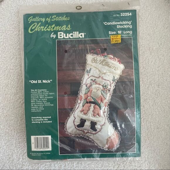 Christmas Bucilla Embroidery Kit Candlewicking Stocking Old St Nick Vintage NOS - Picture 1 of 7